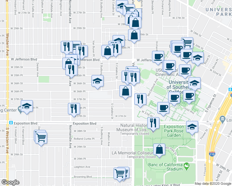 map of restaurants, bars, coffee shops, grocery stores, and more near in Los Angeles