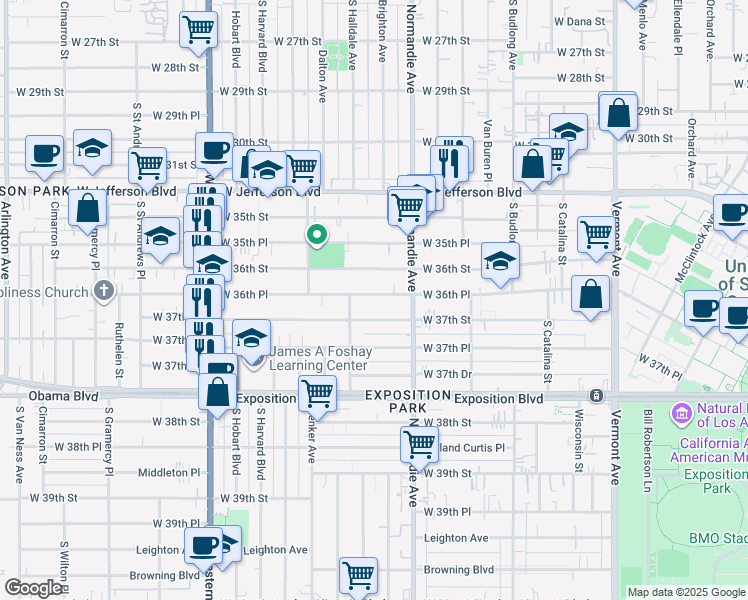 map of restaurants, bars, coffee shops, grocery stores, and more near 1458 West 36th Place in Los Angeles