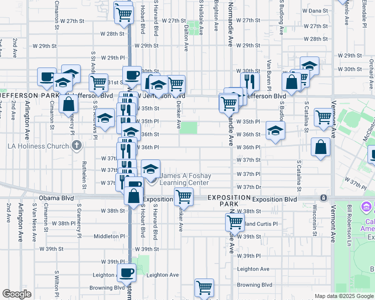 map of restaurants, bars, coffee shops, grocery stores, and more near 1514 West 36th Place in Los Angeles