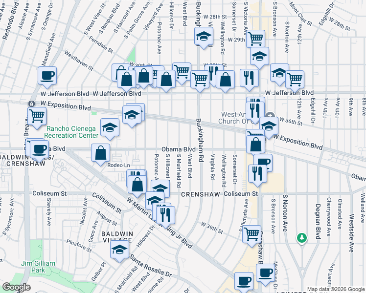 map of restaurants, bars, coffee shops, grocery stores, and more near 3603 Muirfield Road South in Los Angeles
