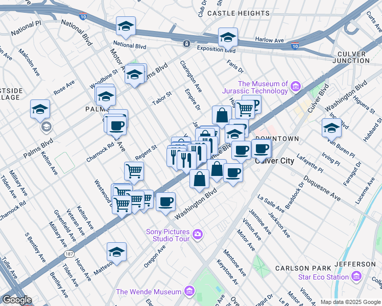 map of restaurants, bars, coffee shops, grocery stores, and more near 3760 Motor Avenue in Los Angeles
