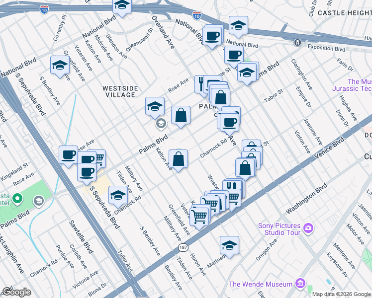 map of restaurants, bars, coffee shops, grocery stores, and more near 10835 Tabor Street in Los Angeles