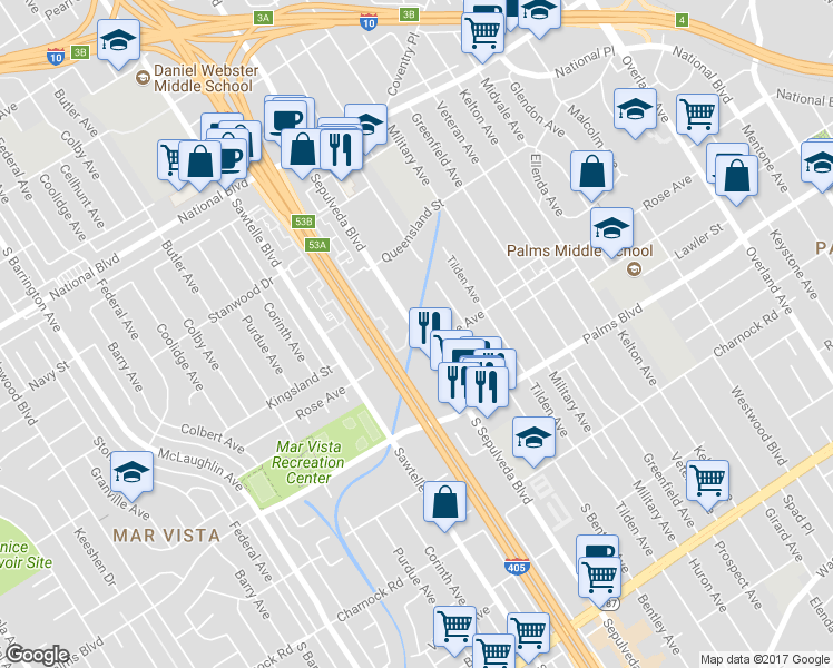 map of restaurants, bars, coffee shops, grocery stores, and more near 11140 Rose Avenue in Los Angeles