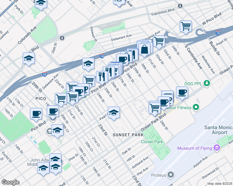 map of restaurants, bars, coffee shops, grocery stores, and more near 2315 26th Street in Santa Monica