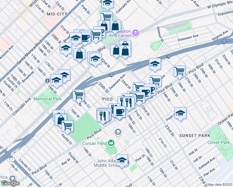 map of restaurants, bars, coffee shops, grocery stores, and more near 1921 20th Street in Santa Monica