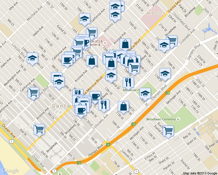 map of restaurants, bars, coffee shops, grocery stores, and more near 1448 12th Street in Santa Monica