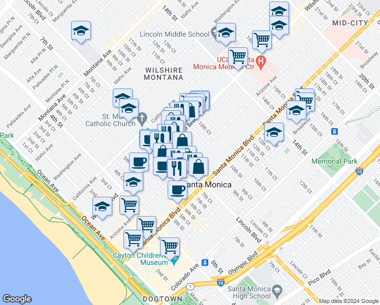 map of restaurants, bars, coffee shops, grocery stores, and more near 1264 Lincoln Court in Santa Monica