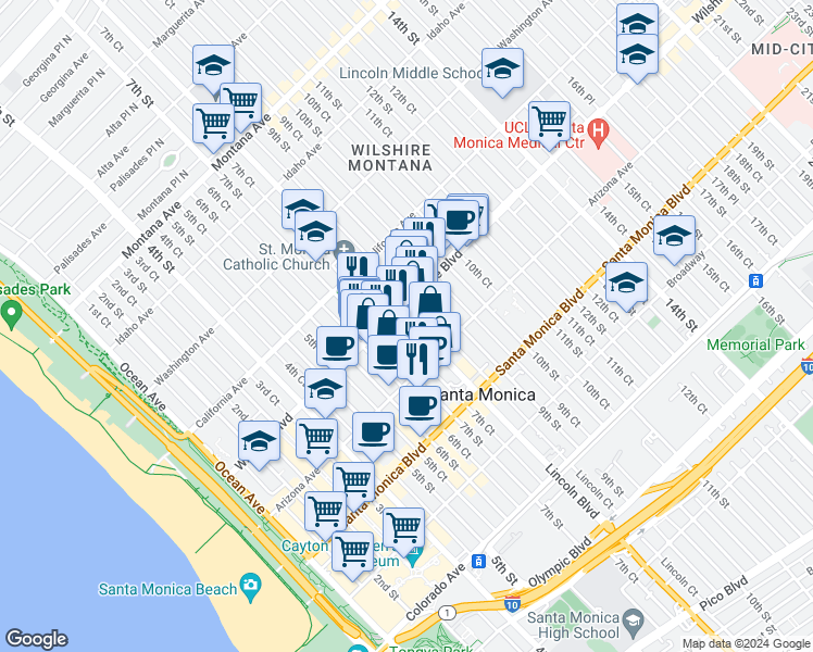 map of restaurants, bars, coffee shops, grocery stores, and more near in Santa Monica