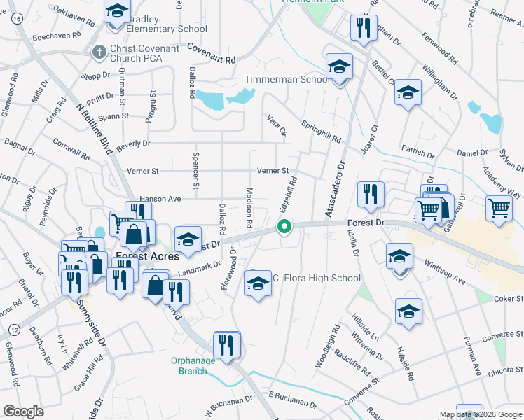 map of restaurants, bars, coffee shops, grocery stores, and more near 1718 Madison Road in Columbia