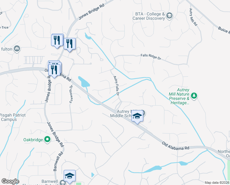 map of restaurants, bars, coffee shops, grocery stores, and more near 9830 Autry Falls Drive in Alpharetta