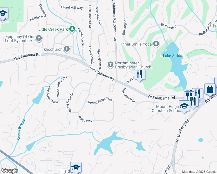 map of restaurants, bars, coffee shops, grocery stores, and more near 1180 Atherton Park in Roswell