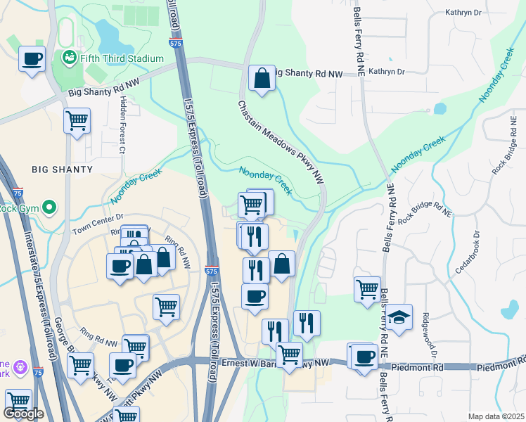 map of restaurants, bars, coffee shops, grocery stores, and more near 2796 Chastain Meadows Parkway Northwest in Marietta