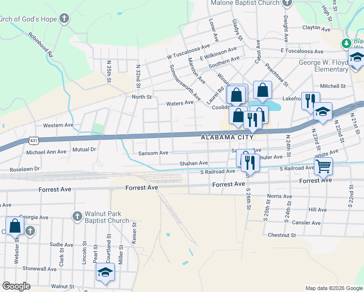 map of restaurants, bars, coffee shops, grocery stores, and more near in Gadsden