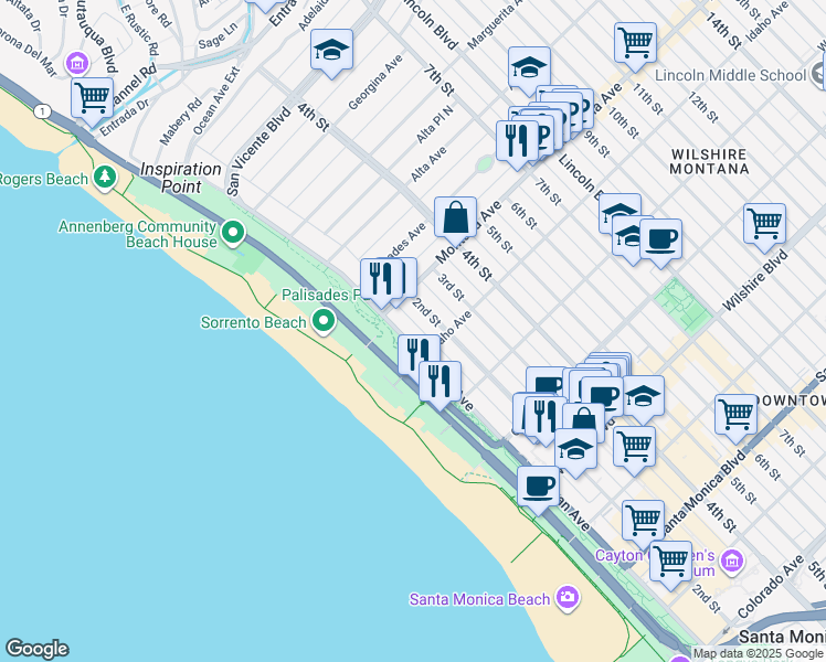 map of restaurants, bars, coffee shops, grocery stores, and more near 833 Ocean Avenue in Santa Monica
