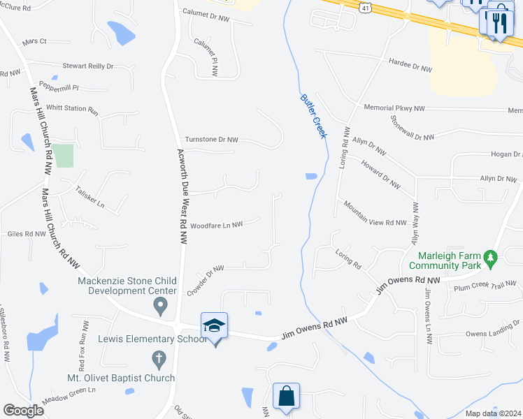 map of restaurants, bars, coffee shops, grocery stores, and more near 4202 Woodfare Lane Northwest in Kennesaw