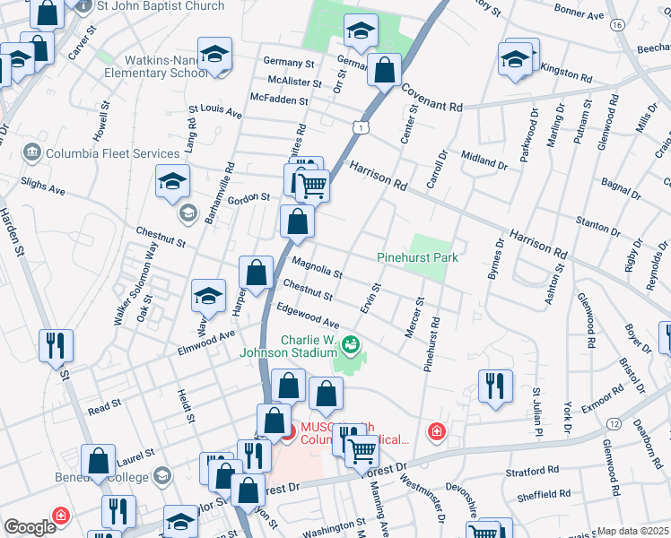 map of restaurants, bars, coffee shops, grocery stores, and more near 2629 Magnolia Street in Columbia