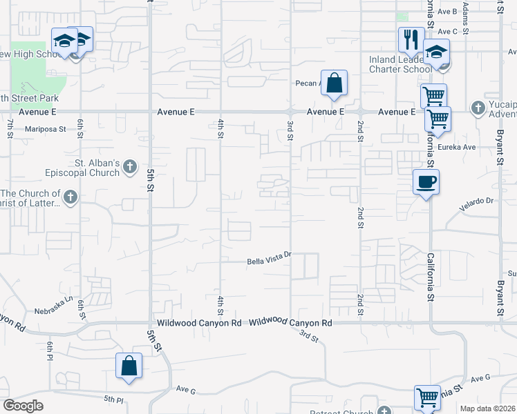 map of restaurants, bars, coffee shops, grocery stores, and more near 34602 Kelly Lane in Yucaipa