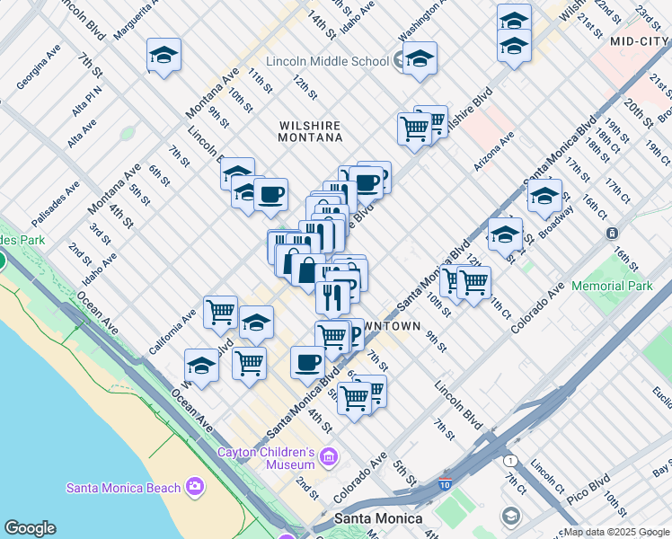 map of restaurants, bars, coffee shops, grocery stores, and more near in Santa Monica