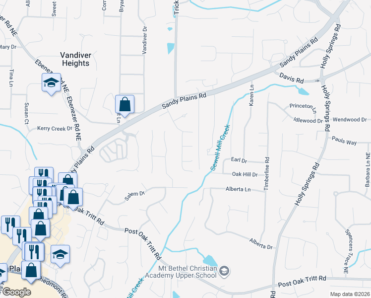 map of restaurants, bars, coffee shops, grocery stores, and more near 3005 Anthony Lane in Marietta