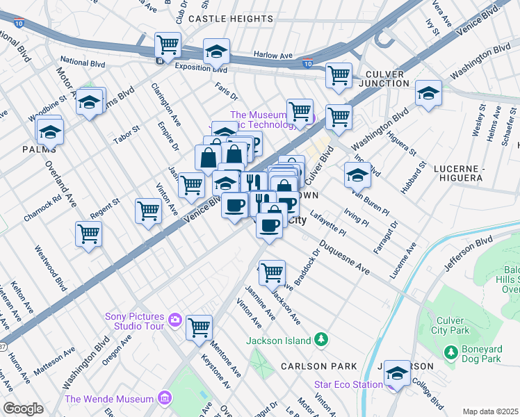 map of restaurants, bars, coffee shops, grocery stores, and more near 9901 Washington Boulevard in Culver City