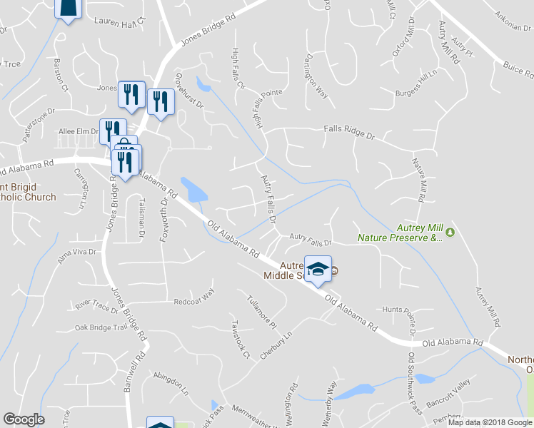 map of restaurants, bars, coffee shops, grocery stores, and more near 9830 Autry Falls Drive in Alpharetta