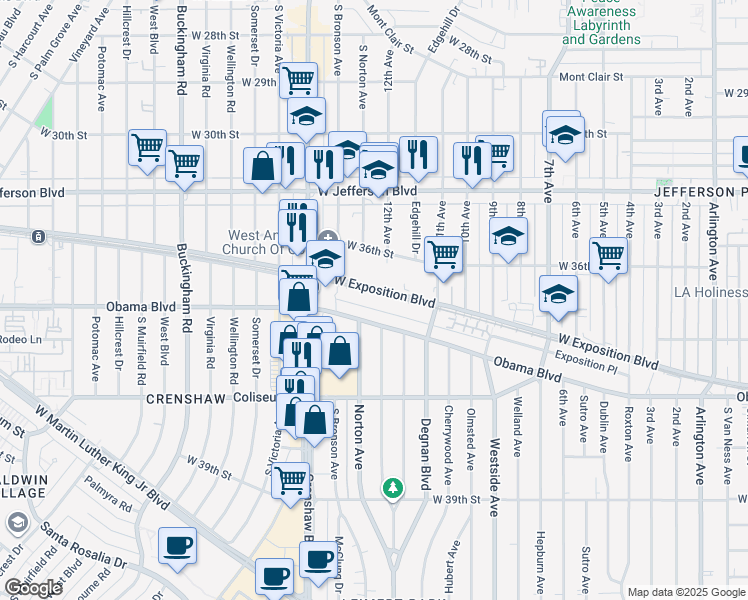 map of restaurants, bars, coffee shops, grocery stores, and more near 3307 West Exposition Place in Los Angeles