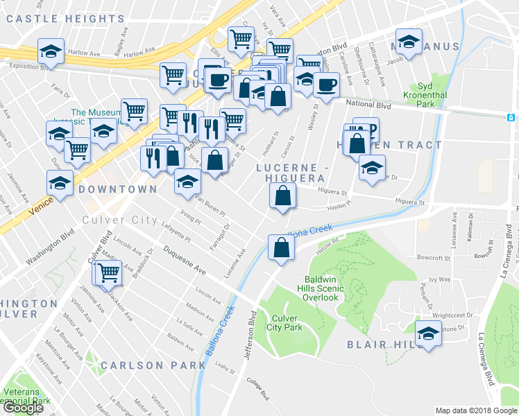 map of restaurants, bars, coffee shops, grocery stores, and more near 4174 Ince Boulevard in Culver City