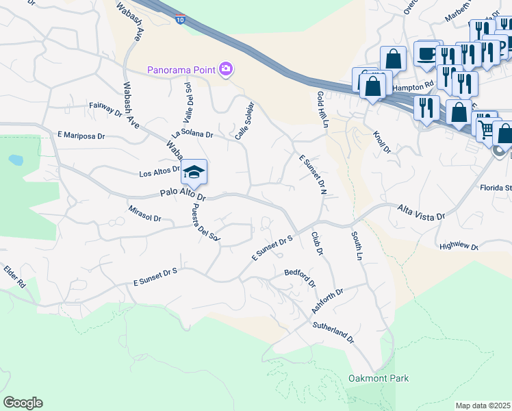 map of restaurants, bars, coffee shops, grocery stores, and more near 30895 Palo Alto Drive in Redlands