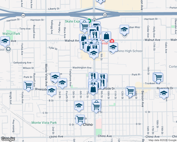 map of restaurants, bars, coffee shops, grocery stores, and more near 12770 Central Avenue in Chino