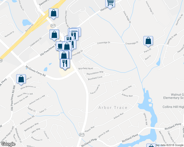 map of restaurants, bars, coffee shops, grocery stores, and more near 323 Reynoldston Way in Suwanee