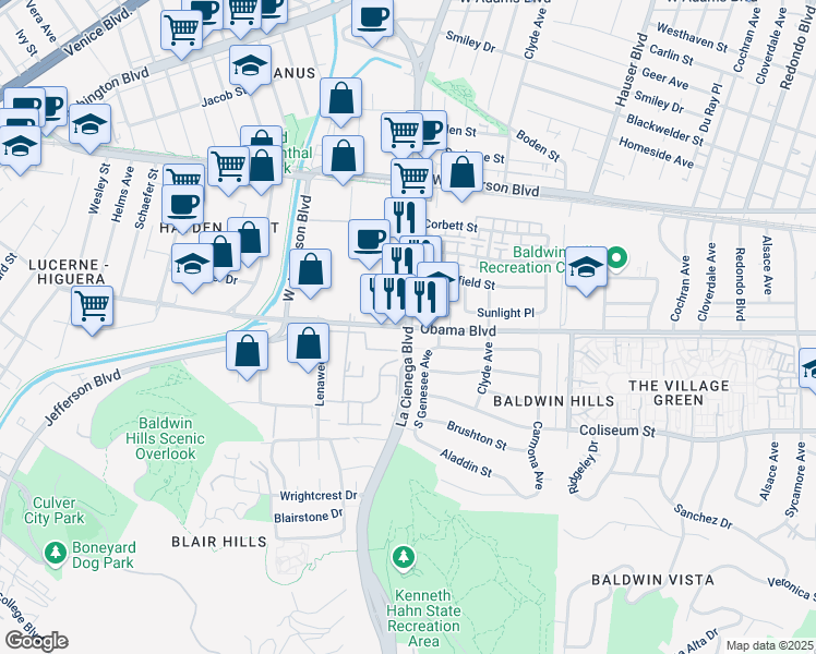 map of restaurants, bars, coffee shops, grocery stores, and more near La Cienega Blvd & Rodeo Rd in Los Angeles