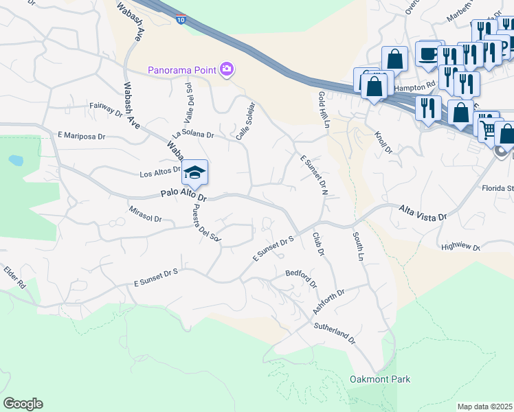map of restaurants, bars, coffee shops, grocery stores, and more near 30892 Alta Mira Drive in Redlands