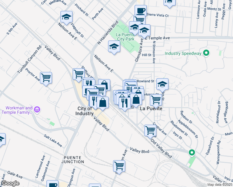 map of restaurants, bars, coffee shops, grocery stores, and more near 199 Glendora Avenue in La Puente