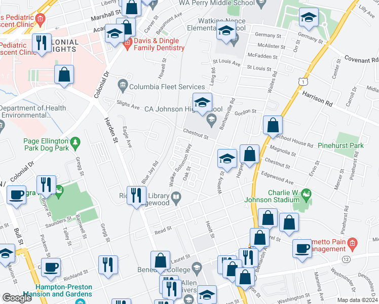 map of restaurants, bars, coffee shops, grocery stores, and more near 2178 Walker Solomon Way in Columbia