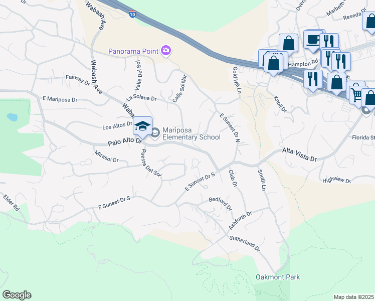 map of restaurants, bars, coffee shops, grocery stores, and more near 30895 Palo Alto Drive in Redlands