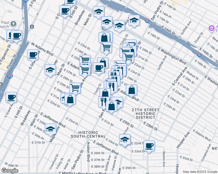 map of restaurants, bars, coffee shops, grocery stores, and more near 623 East 27th Street in Los Angeles