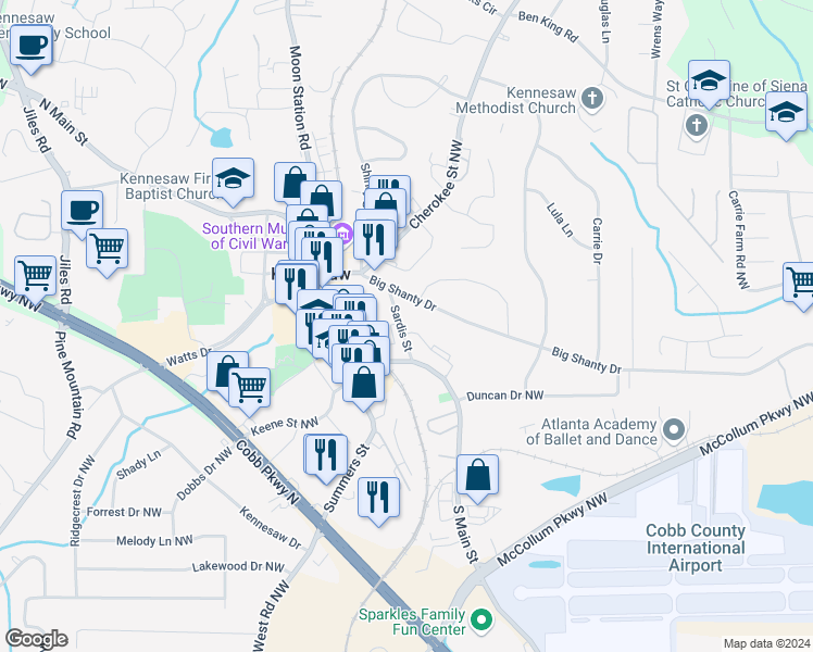 map of restaurants, bars, coffee shops, grocery stores, and more near 2790 Sardis Street in Kennesaw