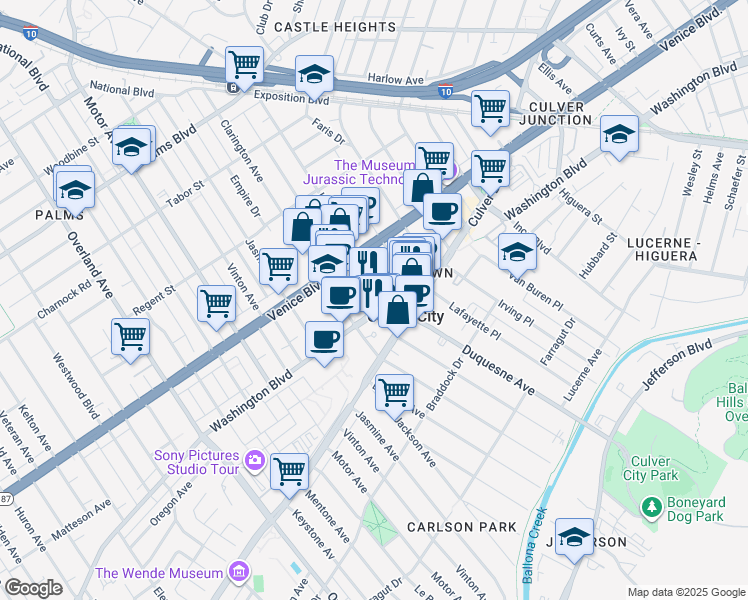 map of restaurants, bars, coffee shops, grocery stores, and more near 9901 Washington Boulevard in Culver City