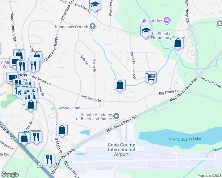 map of restaurants, bars, coffee shops, grocery stores, and more near 1728 English Ivey Lane in Kennesaw