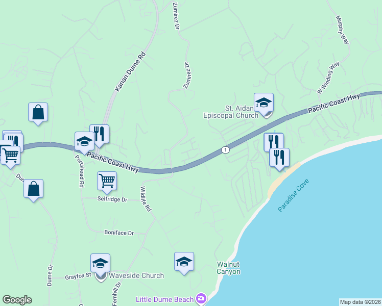 map of restaurants, bars, coffee shops, grocery stores, and more near 6453 Zuma View Place in Malibu