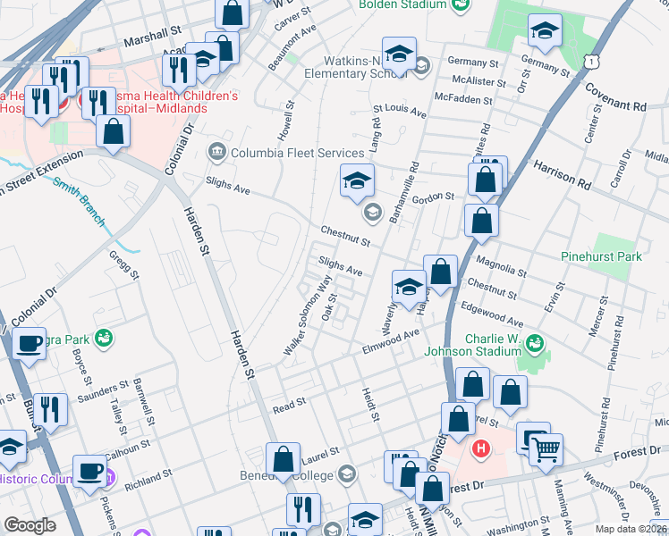 map of restaurants, bars, coffee shops, grocery stores, and more near 2126 Slighs Avenue in Columbia