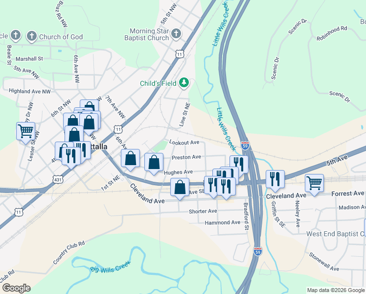 map of restaurants, bars, coffee shops, grocery stores, and more near 401 Lookout Avenue in Attalla