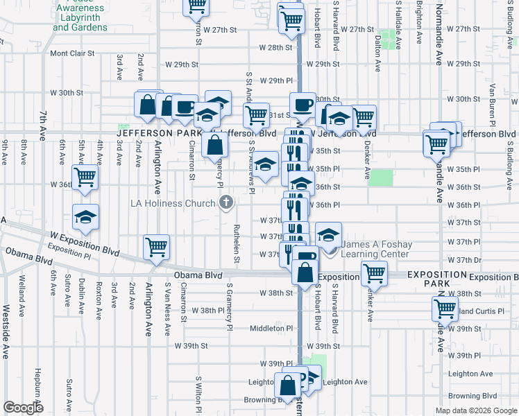map of restaurants, bars, coffee shops, grocery stores, and more near 1782 West 36th Place in Los Angeles
