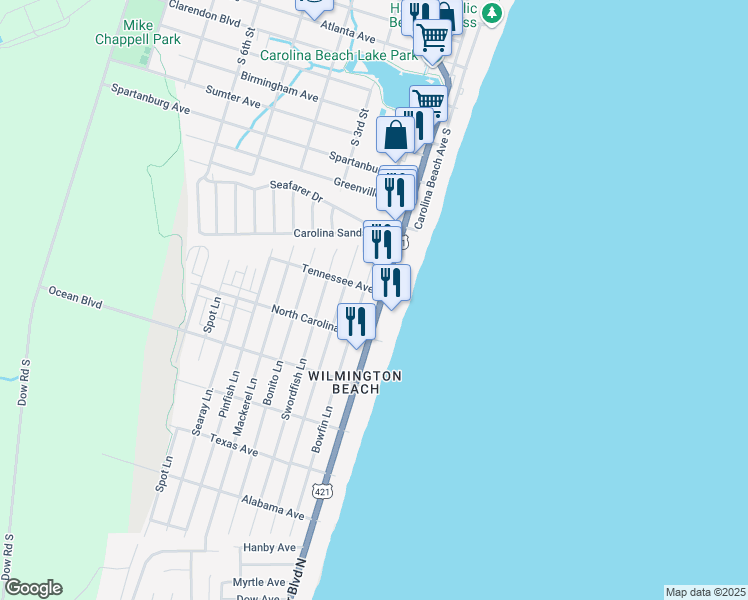 map of restaurants, bars, coffee shops, grocery stores, and more near 105 Tennessee Avenue in Carolina Beach