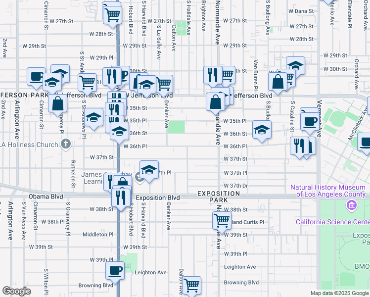 map of restaurants, bars, coffee shops, grocery stores, and more near 1514 West 36th Place in Los Angeles