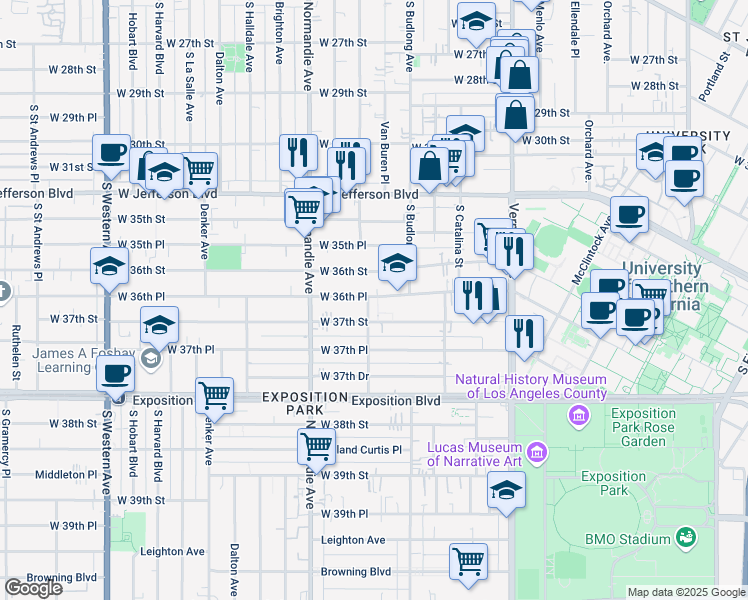 map of restaurants, bars, coffee shops, grocery stores, and more near 1290 West 36th Place in Los Angeles