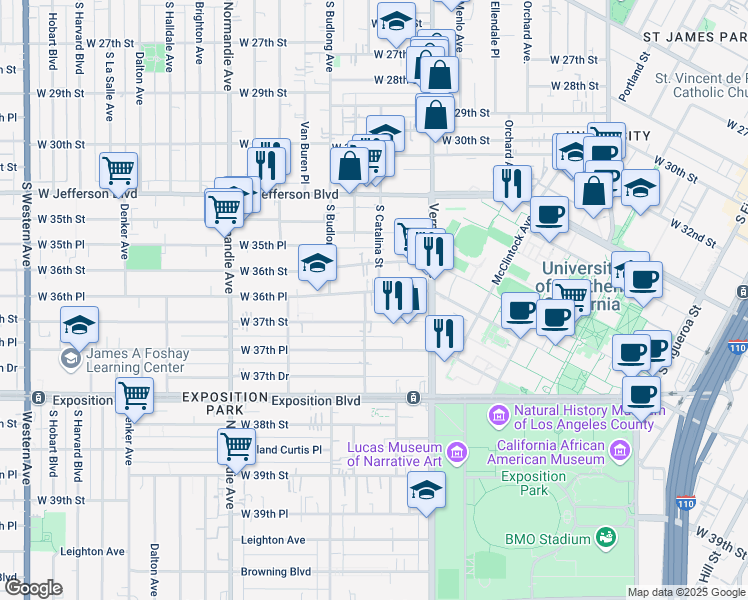 map of restaurants, bars, coffee shops, grocery stores, and more near 1188 West 36th Place in Los Angeles