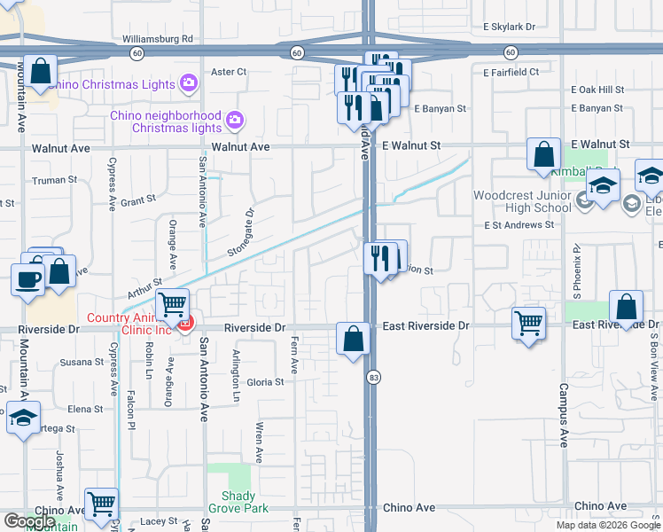 map of restaurants, bars, coffee shops, grocery stores, and more near 315 West Via Rua Flores in Ontario