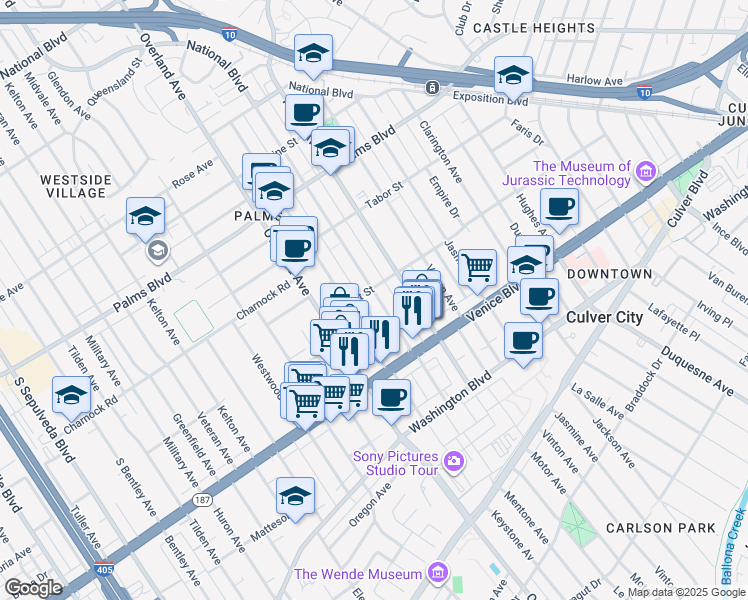 map of restaurants, bars, coffee shops, grocery stores, and more near 3721 Mentone Avenue in Los Angeles