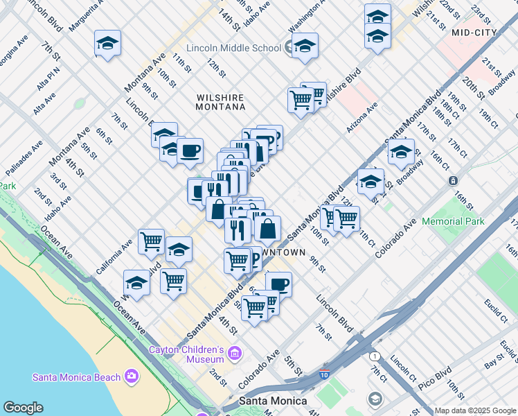 map of restaurants, bars, coffee shops, grocery stores, and more near 1254 9th Street in Santa Monica
